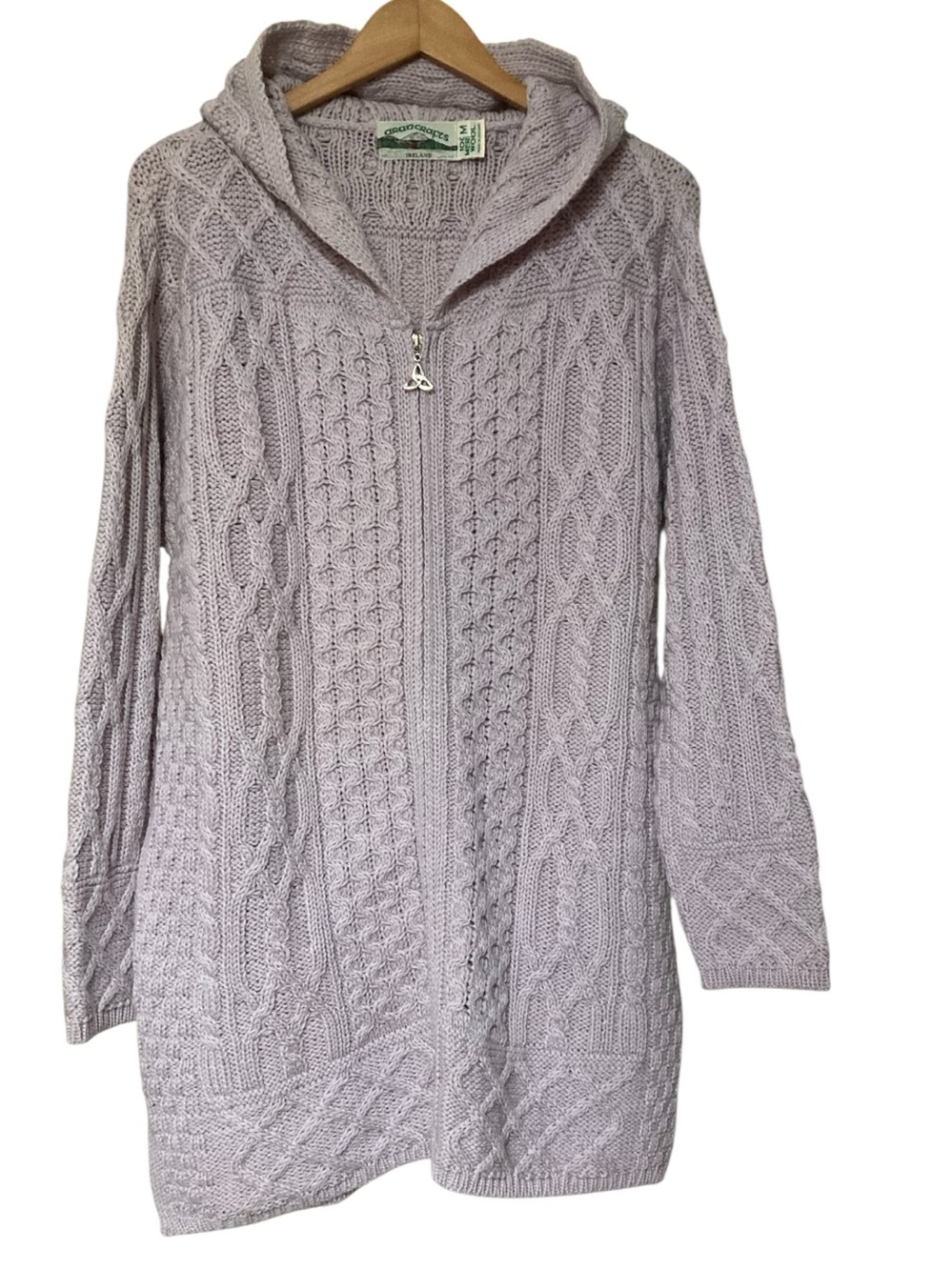 Aran Crafts Cable-Knit Hooded Zip Cardigan - Light Lavender NEW
